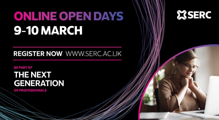 Graphic with image of young woman at laptop and details of open day on 9 - 10 March 2021 at SERC